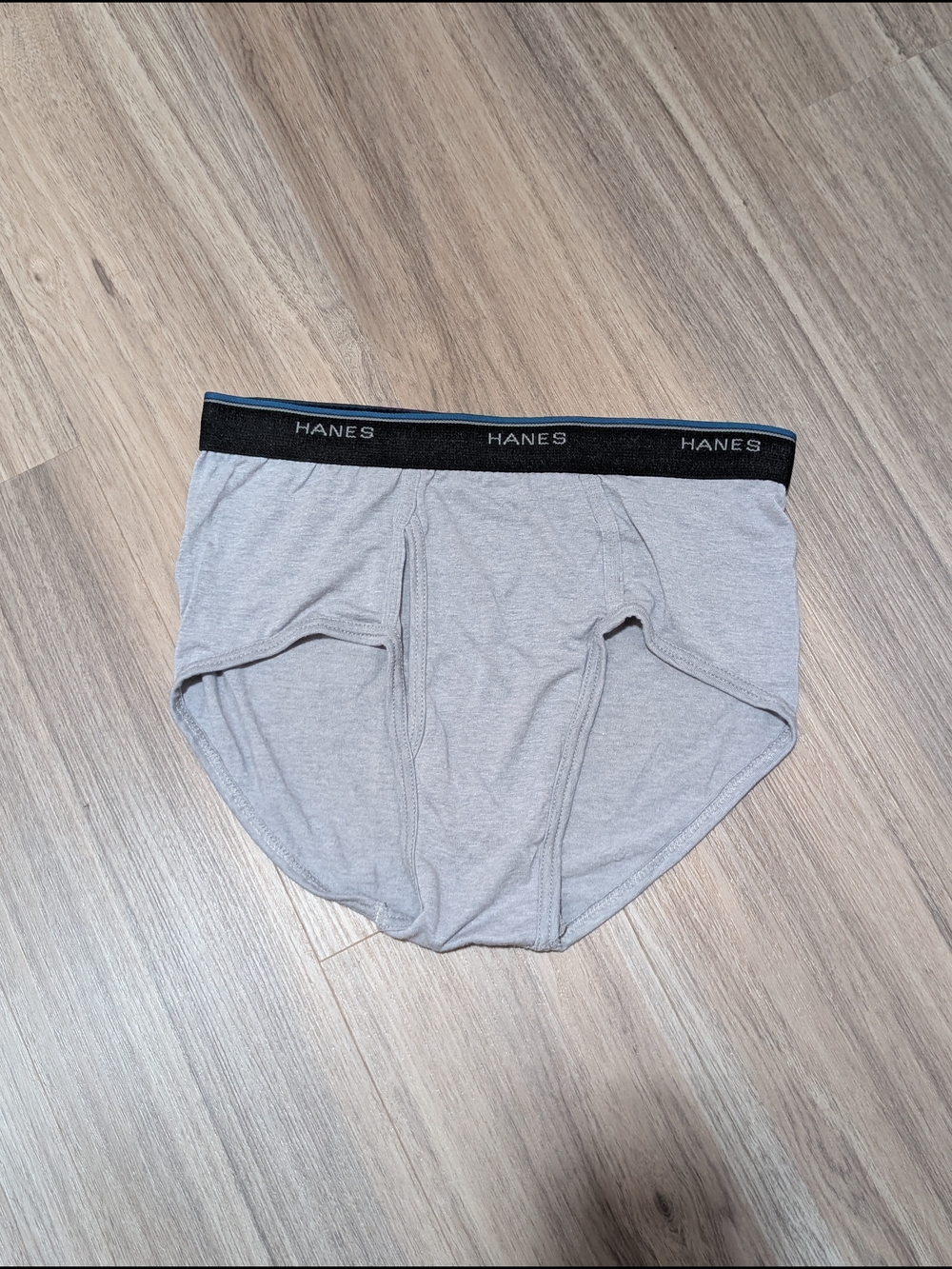 Hanes Men's Light Gray Briefs with Black Waistband and Blue Trim
